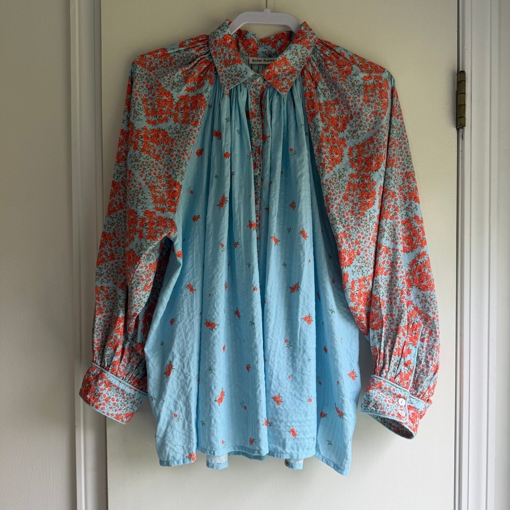Roller Rabbit Womens Blue Mixed Floral Cotton Oversized Button Down Blouse M